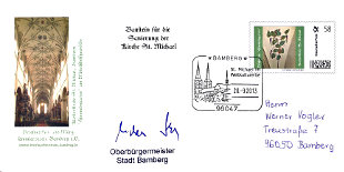 Plusbrief Baustein St. Michael mit Zudruck, Sonderstempel und Unterschrift des Oberbürgermeisters